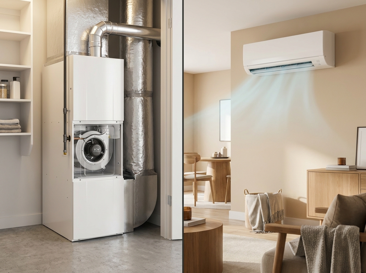 Ductless cold-climate mini-split heat pump head mounted on a wall