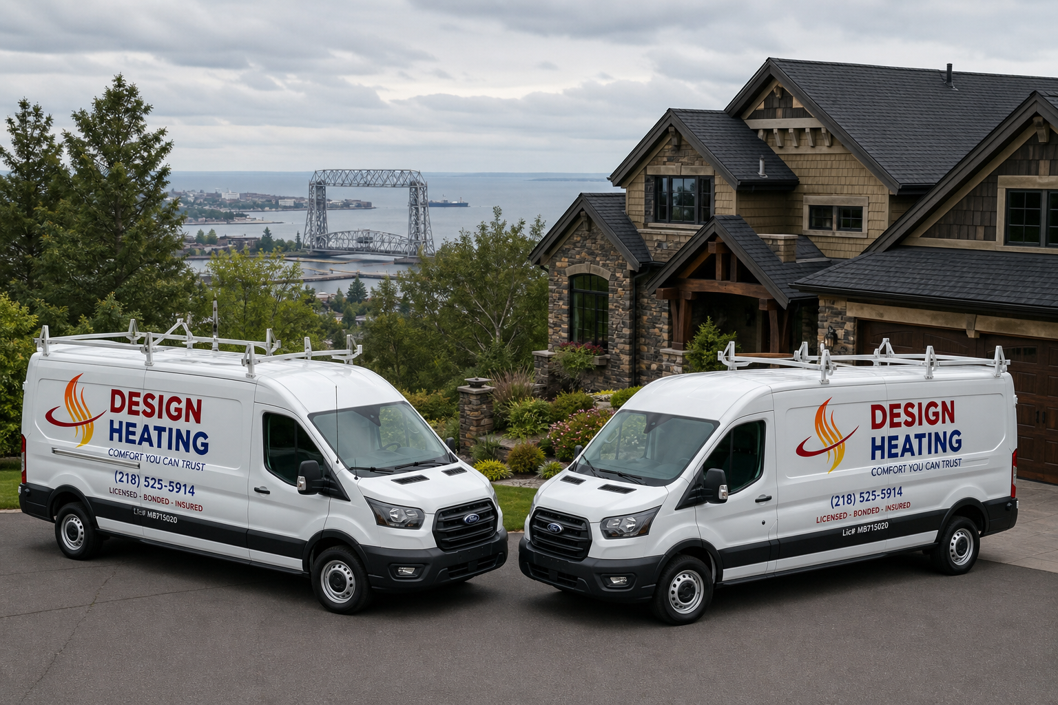 Design Heating service vans in front of a Duluth, MN home with Lake Superior and the Aerial Lift Bridge in the background