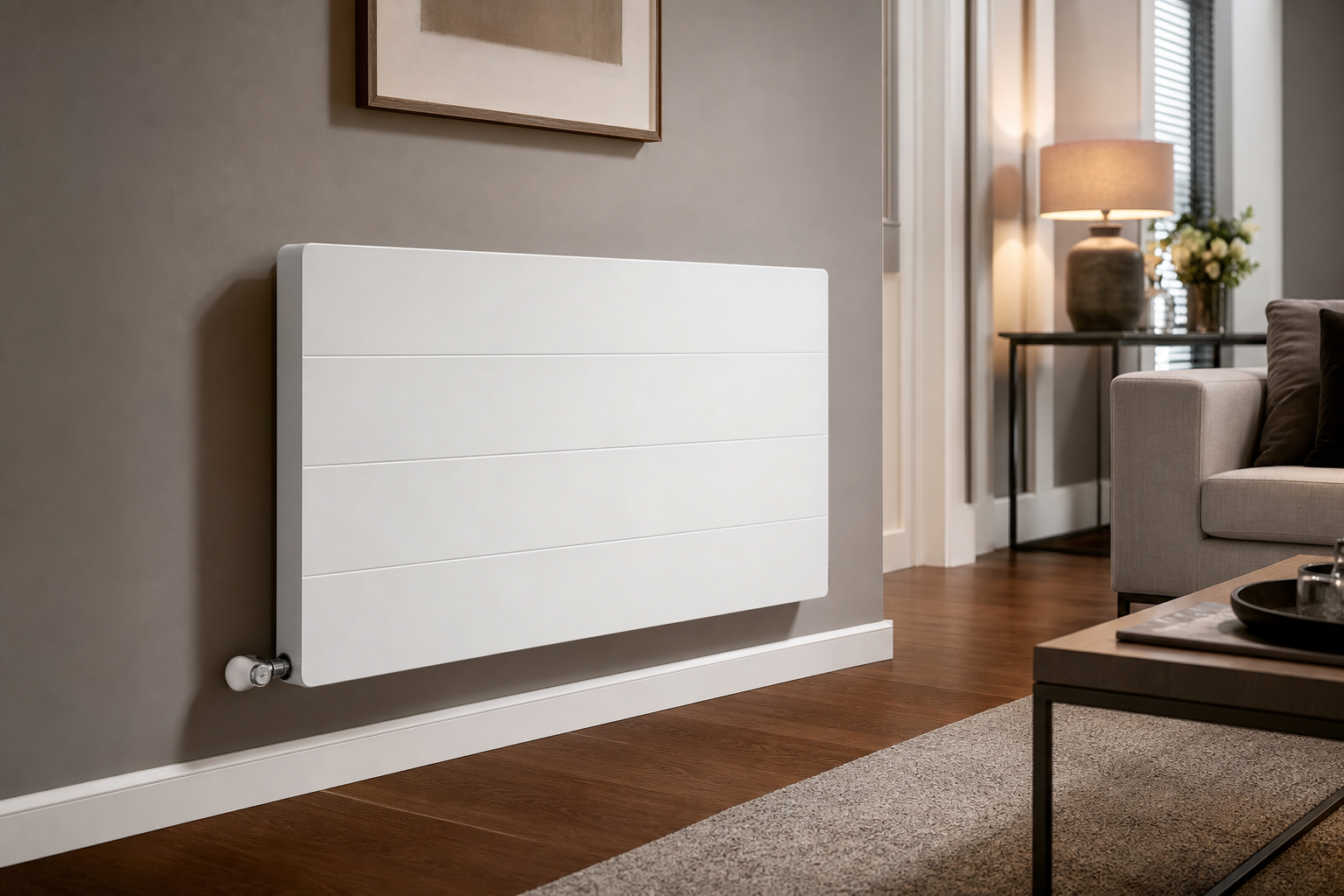 Modern flat panel radiator installed in residential room